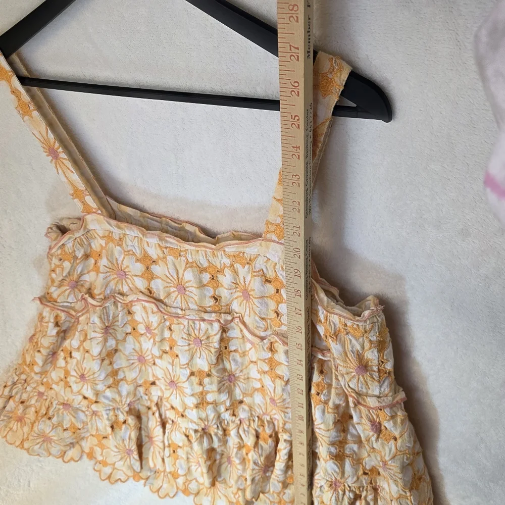 Anthropologie embroidered tank top yellow and pink floral with tiered ruffles L - Picture 5 of 6